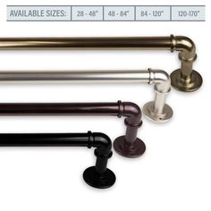 four different types of metal pipe holders with handles and knobs on each side, all in various colors