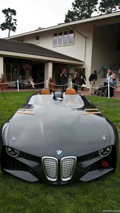 a car is parked on the grass in front of a house with people standing around