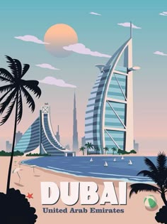 an image of a poster with the word dubai on it and palm trees in front