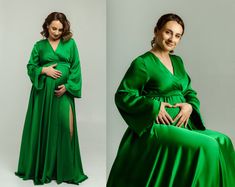 "This green maternity dress is made of silky satin. You don't need to tie the dress, it has an elastic waist. Has separate elastic sash. All dresses are custom and I make the dress by your measurements, that's why it is very important to leave all measurements in the box \"personalization\". Please, see in my instruction \"How to measure\". If you have any questions about measurements, do not hesitate to ask about it, I will gladly help. You need to choose approximate size according to your bust measurements and then leave all needed measurements in box \"Personalization\". The sizes: XS, S, M, L, XL, 2XL, 3XL, 4XL, 5XL (see the Size Guide in the photo of this listing).  The standard length of this dress from the waist is 45 inches (115 cm). You can change dress length, sleeves length. The Elegant Green Maternity Dress, Elegant Green Maternity Dress For Party, Green Maternity Maxi Dress, Elegant Green Maternity Party Dress, Spring Green Maternity Dress For Party, Elegant Green Maternity Maxi Dress, Elegant Green Maternity Wedding Dress, Photoshoot Plus Size, Green Maternity Dress