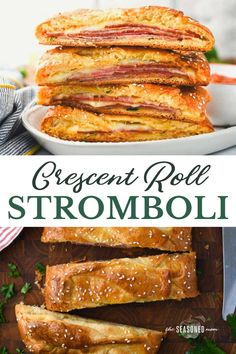 a stack of croissant roll stromboli on top of a cutting board