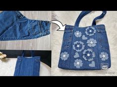 an old pair of jeans has been transformed into a handbag with flowers on it