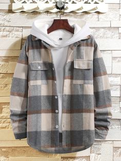 Multicolor Preppy  Long Sleeve Wool-Like Fabric Plaid Regular  Non-Stretch Fall/Winter Men Outerwear Kemeja Lelaki, Contrast Hoodie, Flannel Jacket, Comfy Shirts, Mens Plaid, Hooded Shirt, Plaid Fashion, Plaid Jacket