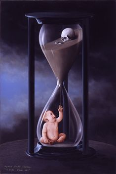 a painting of a baby in an hourglass with a skull on the bottom half