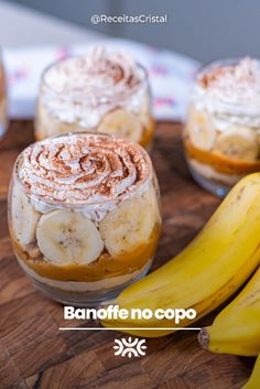 desserts with bananas and whipped cream on a wooden board