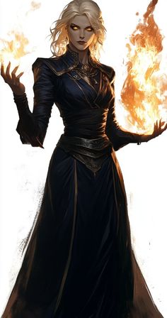 a woman in a black dress holding fire