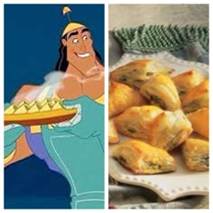 two pictures one with food and the other has an image of disney character holding a plate