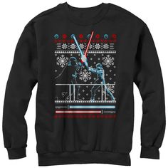 a star wars sweater with lightsabes on the front and an image of darth va