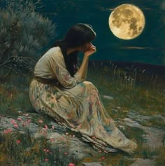 a painting of a woman sitting on the ground in front of a full moon with her hands to her face