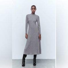 Size S. Nwt Long Sleeve High Neck Dress. Soft Rib Long Dress. The Slim Fit Of This Midi Dress Gives Timeless, Elegant Style A Fresh Spin. Winter Gray Ribbed Dress, Gray Ribbed Dress For Spring, Gray Ribbed Spring Dresses, Zara A-line Maxi Dress For Fall, Gray Stretch Midi Dress, Elegant Gray Ribbed Dress, Zara Midi Ribbed Dress, Zara Ribbed Midi Dress, Zara Long Sleeve Maxi Dress For Winter