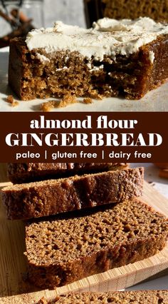 sliced loaf of gluten free gingerbread cake on a cutting board with the title above it