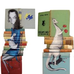 there are many books stacked on top of each other with pictures of animals and people