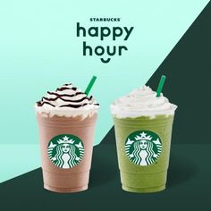 two starbucks drinks with whipped cream and chocolate on them, one is green and the other is brown