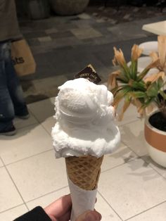 a hand holding an ice cream cone with whipped cream on top