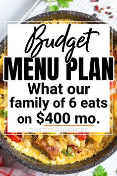 the budget menu plan with text overlay that reads, what our family of 6 eats on $ 4800 mo