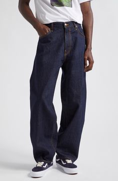 A stovepipe silhouette brings trend-savvy appeal to these jeans crafted from nonstretch Japanese selvedge denim and finished with contrast topstitching. 33" inseam; 19" leg opening; 13 1/2" front rise; 17 1/2" back rise (size 36) Zip fly with button closure Five-pocket style 100% cotton Machine wash, tumble dry Made in the USA Designer Clothing Classic Straight Leg Flare Jeans With Contrast Stitching, Medium Wash Rigid Denim Jeans With Contrast Stitching, Medium Wash Jeans With Contrast Stitching In Rigid Denim, Medium Wash Jeans With Contrast Stitching, Medium Wash Straight Leg Jeans With Contrast Stitching, Classic Straight Leg Jeans With Contrast Stitching, High Rise Dark Wash Flare Jeans With Contrast Stitching, Cotton Jeans With Contrast Stitching, Dark Wash Relaxed Fit Jeans With Standard Cut Leg