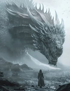 a man standing in front of a large dragon