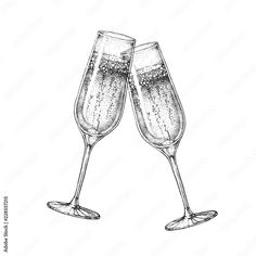 two glasses of champagne with bubbles in the glass are drawn by hand on a white background