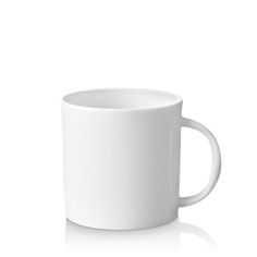 a white coffee cup on a white background with reflection in the bottom half of it