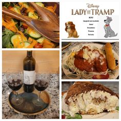 the lady and the tramp poster is shown with wine, food, and other items