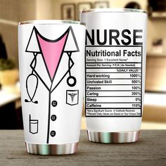 two plastic cups with the label nurse and nutritional information printed on them, sitting next to each other