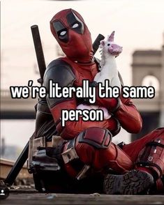 a deadpool with a unicorn on his lap and the caption that reads, we're literally the same person