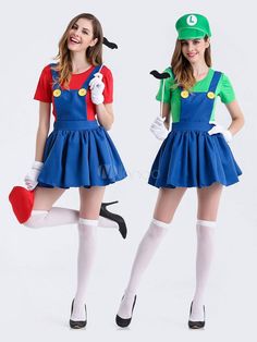 two women dressed in mario and luigi costumes