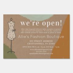 the front and back of an open fashion boutique business card with a dress on a mannequin