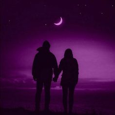 two people holding hands in front of a purple sky with the moon and stars above them