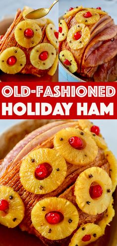 an old fashioned holiday ham with pineapples and cherries on it is ready to be eaten