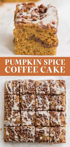 pumpkin spice coffee cake with white frosting on top