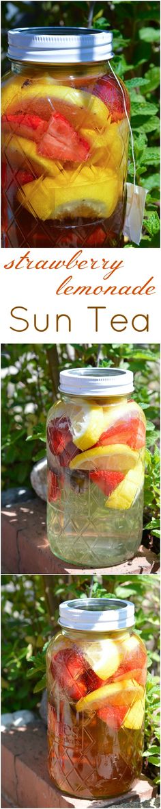 three different images of sun tea in jars