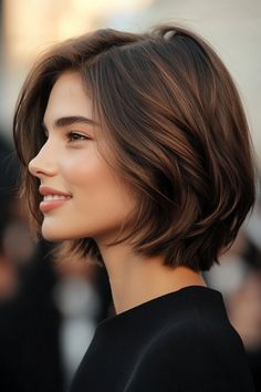 Click for More ➡️ | Save for Later ❤️  Shoulder-length layers create volume and texture, while balayage highlights add depth and a sun-kissed effect. (Layered Shoulder-Length Cut with Balayage - Short Hairstyles For Thick Hair) Layered Short Thick Hair, Shoulder Length Hair Short Neck, Tapered Bob Haircut Shoulder Length, Fall Balayage Short Hair, Best Hair For Round Face Shape, Brunette Short Hair With Highlights, Short Haircut Ideas Layers, Thick Hair Haircut Short, Short Bob Layers