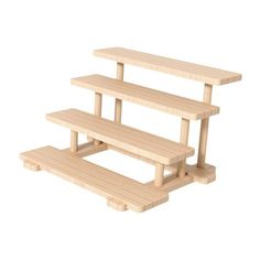 three wooden benches sitting next to each other on top of a white background and one bench is empty