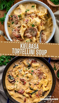 one image shows a white bowl of soup on a wooden board, the second shows a blue/black pot of soup. Tortellini Soup Ideas, Kielbasa And Tortellini Soup, Kielbasa Tortellini Soup Crockpot, Soup Recipes Kielbasa, Tortellini With Kielbasa, Soups With Cheese Tortellini, Soup Recipes With Kielbasa, Kilbasa Sausage Soup, Cold Day Soups Comfort Foods