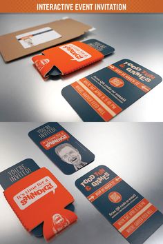 several different business cards and envelopes on a metal surface with the words, interactive event invitation