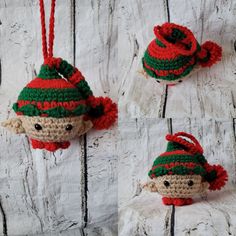 three small crocheted christmas ornaments hanging from strings