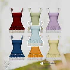 six different colored dresses with ruffles on them