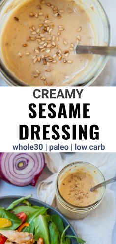 creamy sesame dressing in a bowl with salad on the side