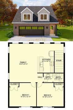 the floor plan for a two story house with an attached garage and living room, as well