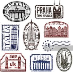 stamps with different countries and cities on them royalty - free stockvektratt