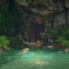 the cave is full of green plants and rocks, with water running down it's sides