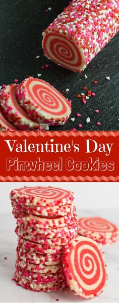 valentine's day pinwheel cookies with sprinkles on the top and bottom