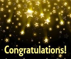 congratulations card with gold stars and sparkles on black background, texting congratulations