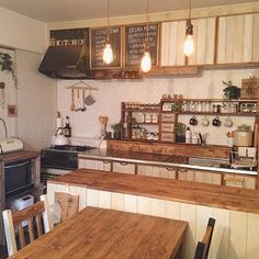 a kitchen filled with wooden tables and chairs