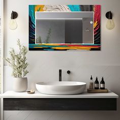 a bathroom with a sink, mirror and plants on the counter top in front of it