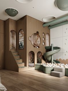 a room with wooden floors and lots of decorations on the walls, including a spiral staircase