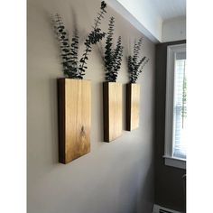 three wooden vases with plants in them hanging on the wall next to a window