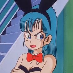 an animated image of a woman with blue hair and red bow tie sitting in front of stairs