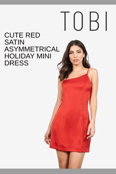 Stop traffic in this cute red satin asymmetrical holiday mini dress. Can you imagine getting dress up cocktail party gowns for Christmas and New Year's Eve outfits on sale? Now's your chance to save. Why pay more when you can get sparkly winter festivity clothing and beautiful formal attire for ladies at affordable prices from TOBI. #shoptobi #holidaydresses #mididresses Satin Dresses For Women